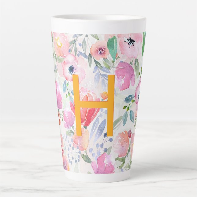 Pink flowers watercolored monogram latte mug (Front)
