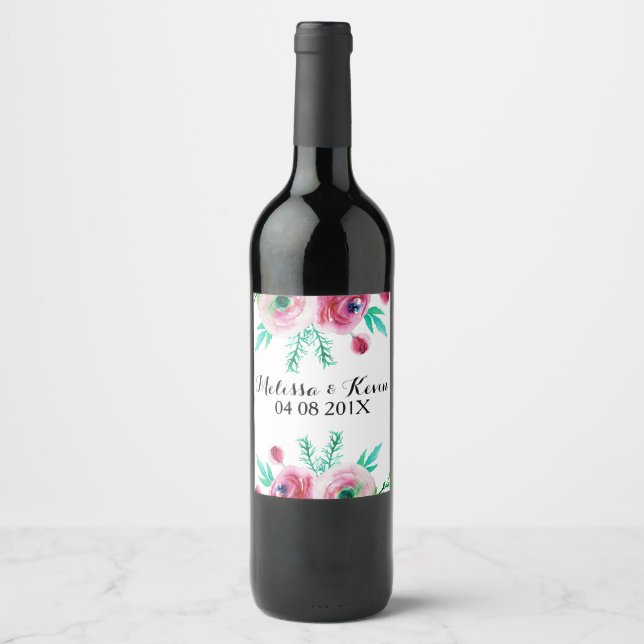 Pink Flowers Watercolors Bouquet Illustration Wine Label (Front)