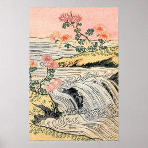 Pink Flowers Waterfall Landscape Poster