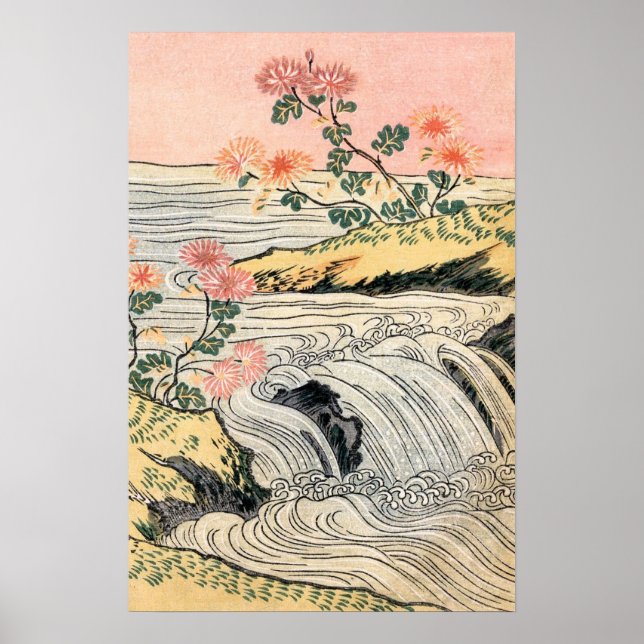 Pink Flowers Waterfall Landscape Poster (Front)