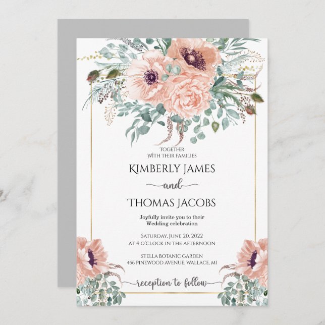 Pink Flowers Wedding  Invitation (Front/Back)