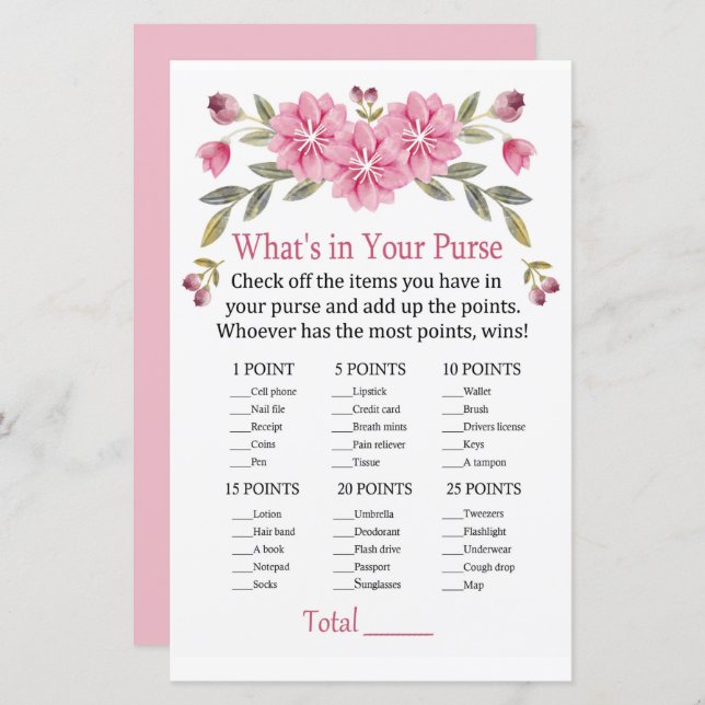 Pink flowers What's in your purse game (Front/Back)