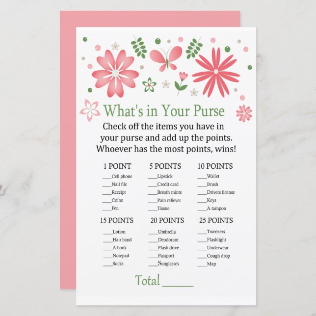 Pink Flowers What's in your purse game (Front/Back)