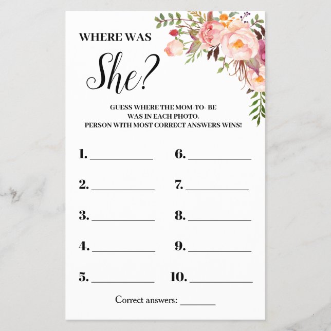 Pink Flowers Where Was She Baby Shower Game Card (Front)