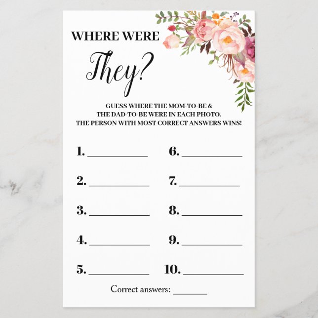 Pink Flowers Where Were They Baby Shower Game Card (Front)