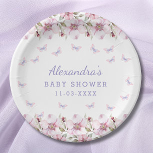 Pink Flowers Whimsical Butterfly Baby Shower Paper Plate