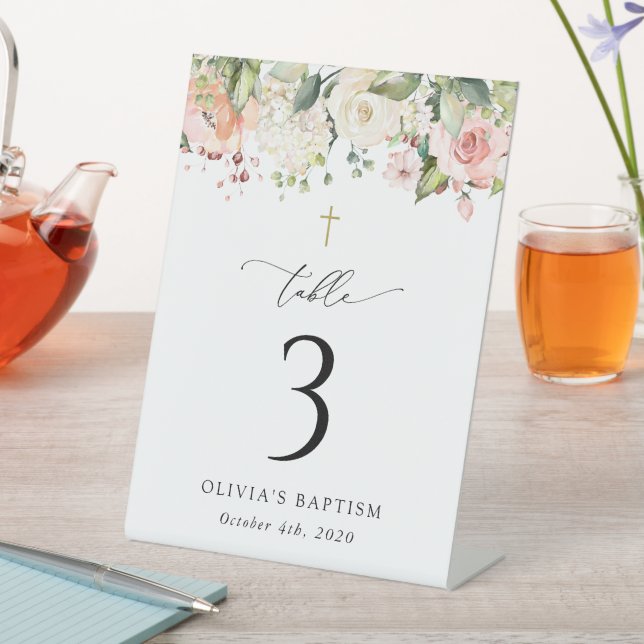 Pink Flowers, White Flowers, Baptism Table Numbers Pedestal Sign (In SItu)