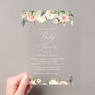 Pink Flowers, White Flowers, Boho, Baby Shower Acrylic Invitations