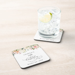 Pink Flowers, White Flowers, Boho, Birthday Coaster