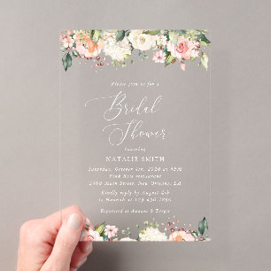 Pink Flowers, White Flowers, Boho, Bridal Shower Acrylic Invitations