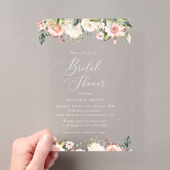 Pink Flowers, White Flowers, Boho, Bridal Shower Acrylic Invitations (Insitu (Handheld))