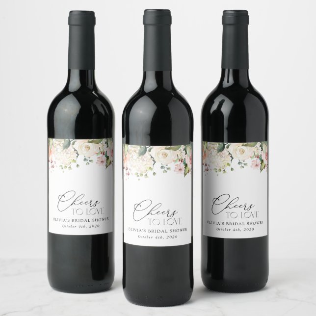 Pink Flowers, White Flowers, Boho, Bridal Shower  Wine Label (Bottles)
