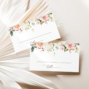 Pink Flowers, White Flowers, Boho, Floral Baptism Place Card