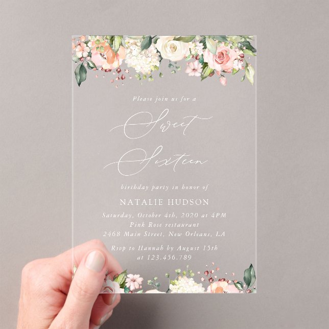Pink Flowers, White Flowers, Boho, Sweet 16 Acrylic Invitations (Insitu (Handheld))