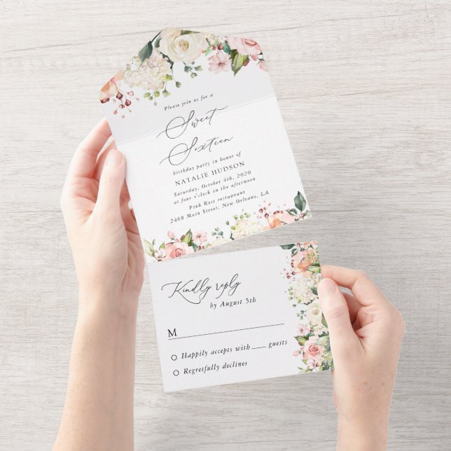 Pink Flowers, White Flowers, Boho, Sweet 16 All In One Invitation (Tearaway)