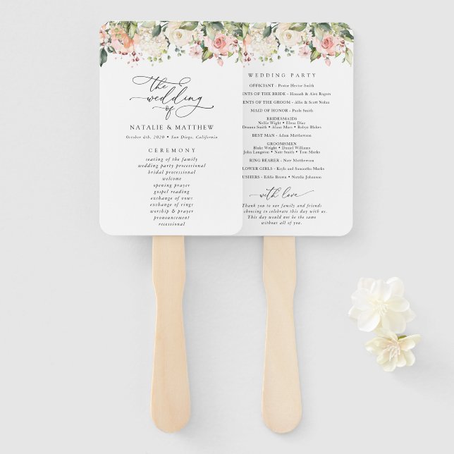 Pink Flowers, White Flowers, Boho, Wedding Program Hand Fan (Front and Back)