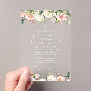 Pink Flowers, White Flowers, First Holy Communion Acrylic Invitations