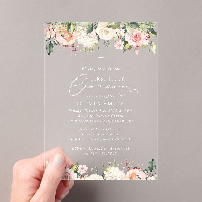 Pink Flowers, White Flowers, First Holy Communion Acrylic Invitations (Insitu (Handheld))