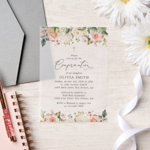 Pink Flowers, White Flowers, Floral Confirmation Vellum Invitations