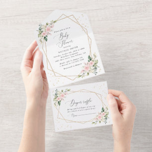 Pink Flowers, White Flowers, Greenery, Baby Shower All In One Invitation