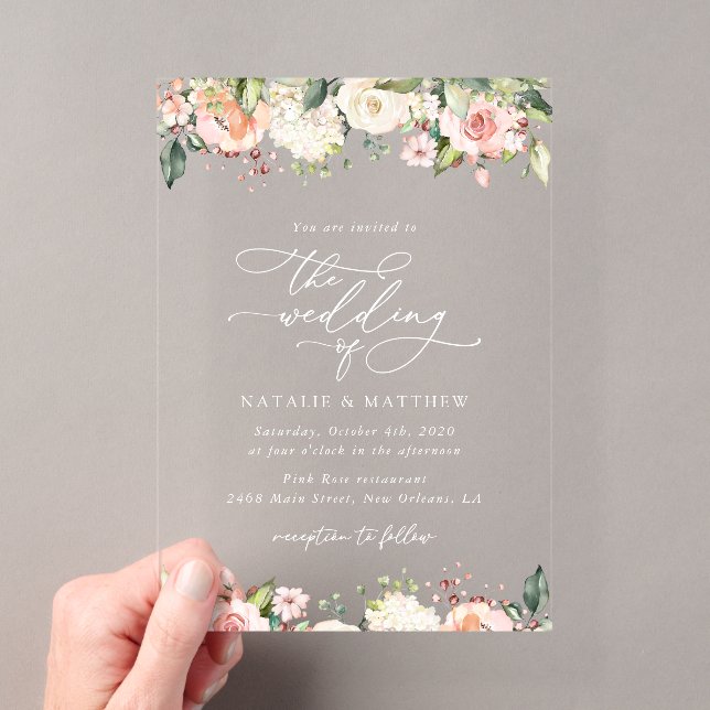 Pink Flowers, White Flowers, Greenery, Wedding Acrylic Invitations (Insitu (Handheld))