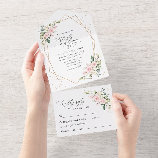 Pink Flowers, White Flowers, Greenery, Wedding All In One Invitation (Tearaway)