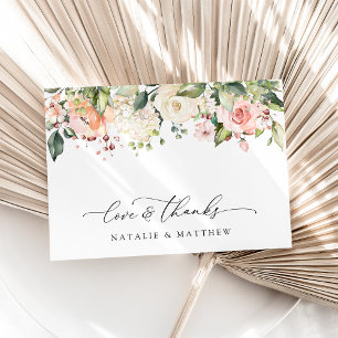 Pink Flowers, White Flowers, Greenery, Wedding Thank You Card