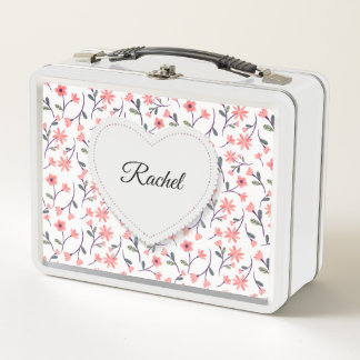 Pink Flowers White Heart Girly School Metal Lunch Box