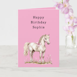 Pink Flowers White Horse Cowgirl Birthday Card