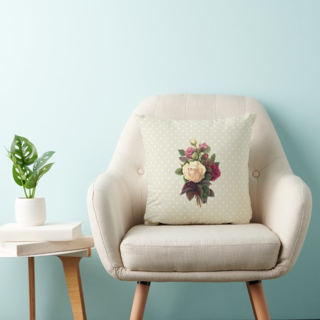 Pink Flowers, White Roses, Green Leaves, Floral Throw Pillow (Chair)