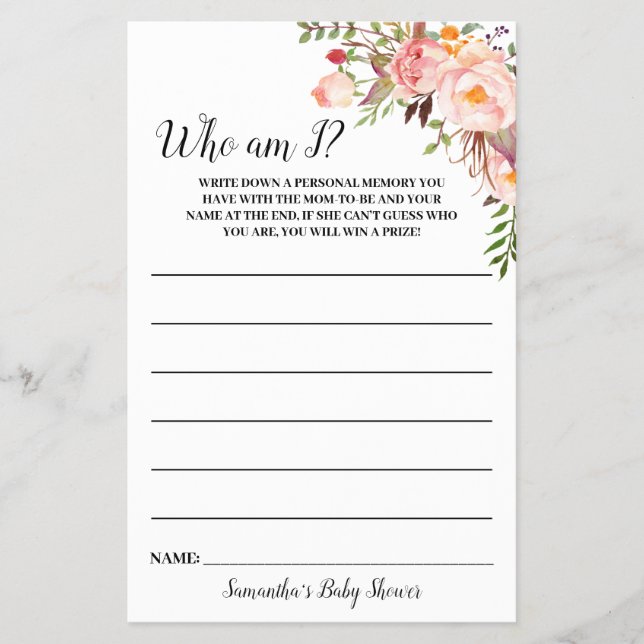 Pink Flowers Who am I Baby Shower Game Card (Front)