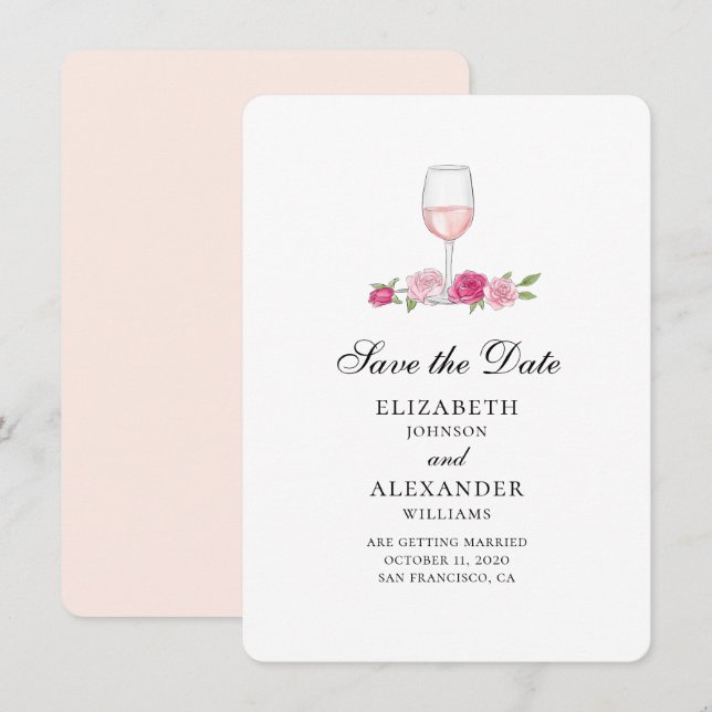 Pink flowers. Wine glass. Roses save the date Invitation (Front/Back)
