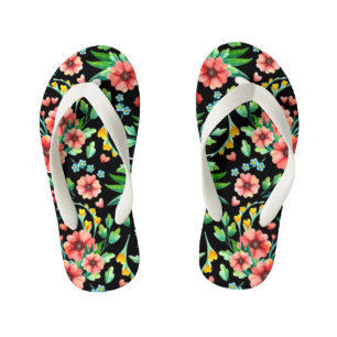 Pink Flowers with Black Background-235 Kid's Flip Flops
