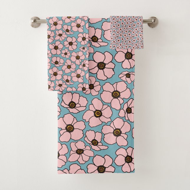Pink Flowers With Blue Bath Towel Set (Insitu)