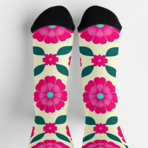 Pink Flowers With Blue Centres and Green Leaves Socks