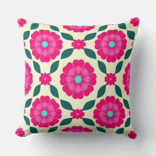 Pink Flowers With Blue Centres and Green Leaves Throw Pillow