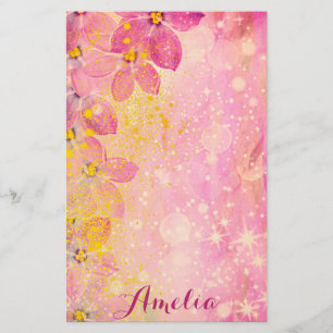 Pink Flowers With Bokeh Sparkles & Paint Splatters Stationery