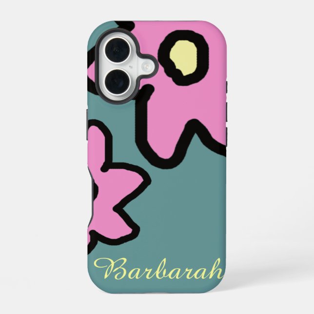 pink flowers with custom name iPhone 16 case (Back)