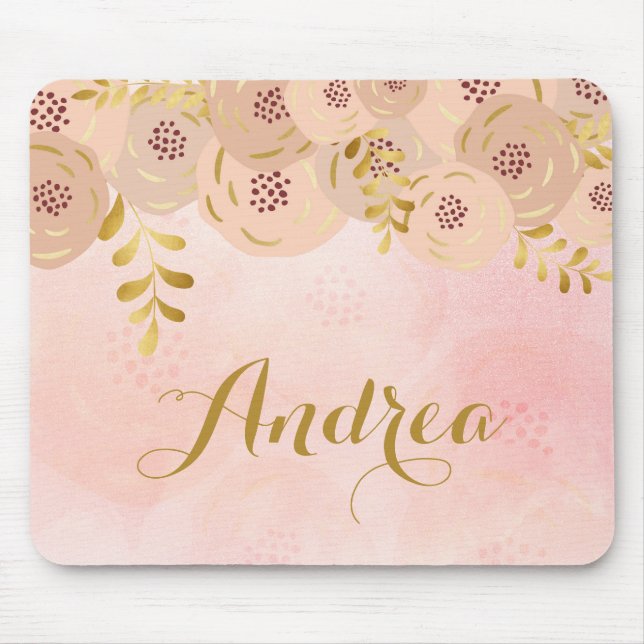 Pink Flowers with Gold Foil Accent Personalized Mouse Pad (Front)