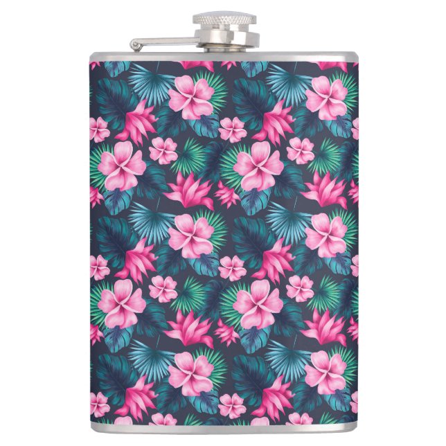 Pink Flowers with Green Leaves Partern-79066 Hip Flask (Front)