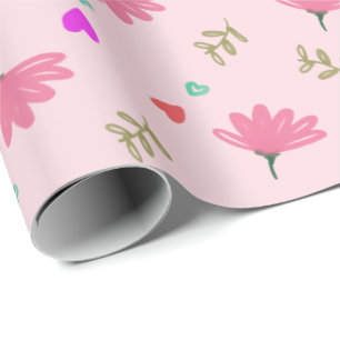 Pink Flowers With Hearts Wrapping Paper