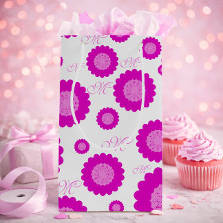 Pink Flowers With Initial Script Text Gift Bag