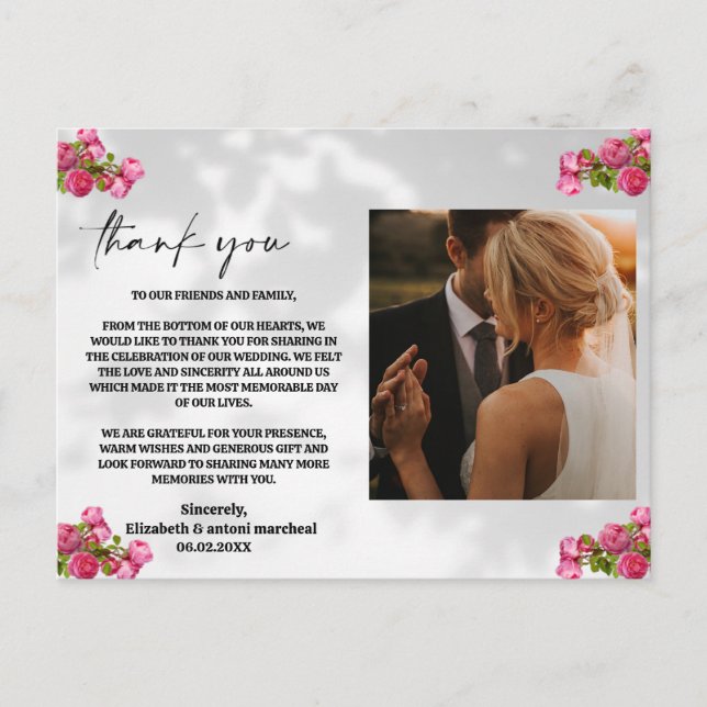 pink flowers with photo Thank you card  (Front)