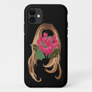 Pink Flowers & Woman Face iPhone 11 Case