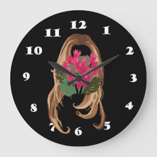 Pink Flowers & Woman Face Large Clock