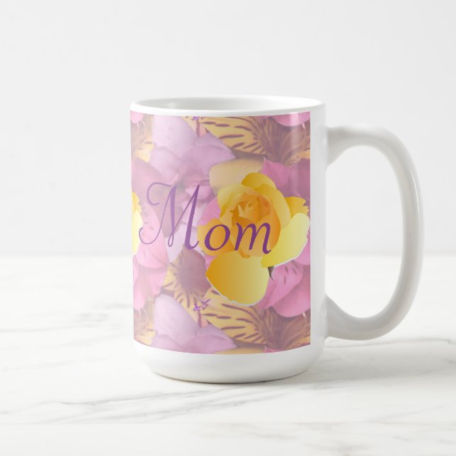 Pink Flowers Yellow Rose Large Mom Mug (Right)