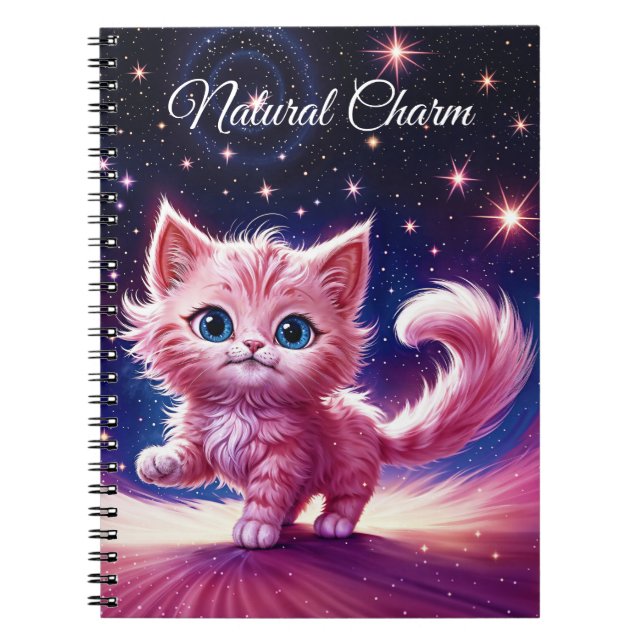 Pink fluffy cute cat  surreal blue eyes style notebook (Front)