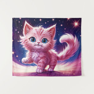 Pink fluffy cute cat  surreal blue eyes style tapestry