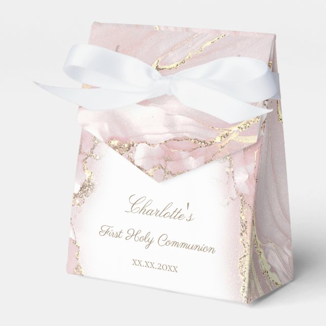 pink fluid marble First Communion Favor Box (Front Side)