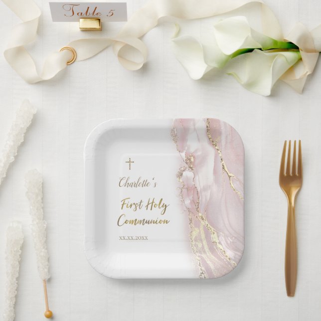 pink fluid marble First Communion Paper Plate (Wedding)
